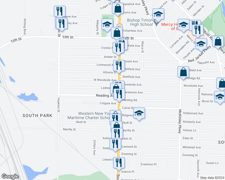 map of restaurants, bars, coffee shops, grocery stores, and more near 203 Ladner Avenue in Buffalo