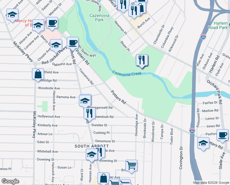map of restaurants, bars, coffee shops, grocery stores, and more near 246 Potters Road in Buffalo