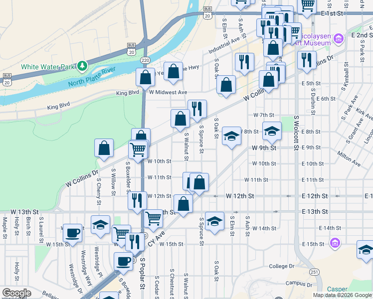 map of restaurants, bars, coffee shops, grocery stores, and more near 920 South Walnut Street in Casper