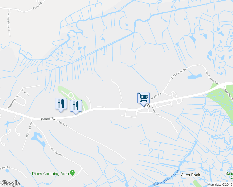 map of restaurants, bars, coffee shops, grocery stores, and more near 147 Beach Road in Salisbury