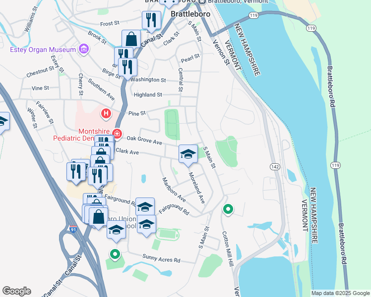 map of restaurants, bars, coffee shops, grocery stores, and more near 42 Oak Grove Avenue in Brattleboro