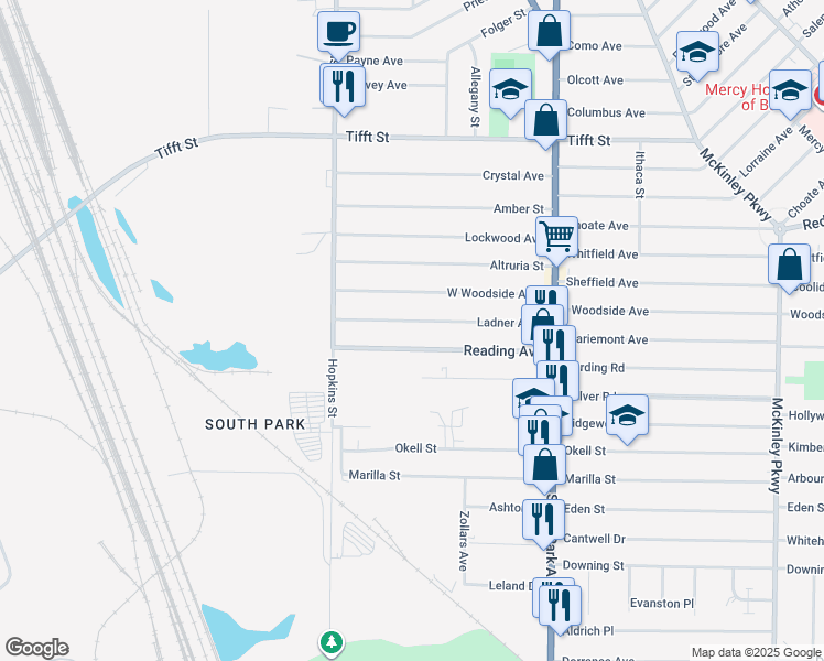 map of restaurants, bars, coffee shops, grocery stores, and more near 73 Ladner Avenue in Buffalo