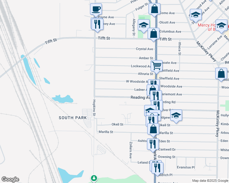 map of restaurants, bars, coffee shops, grocery stores, and more near 73 Ladner Avenue in Buffalo