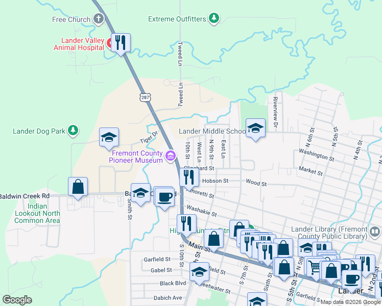 map of restaurants, bars, coffee shops, grocery stores, and more near 650 10th Street in Lander