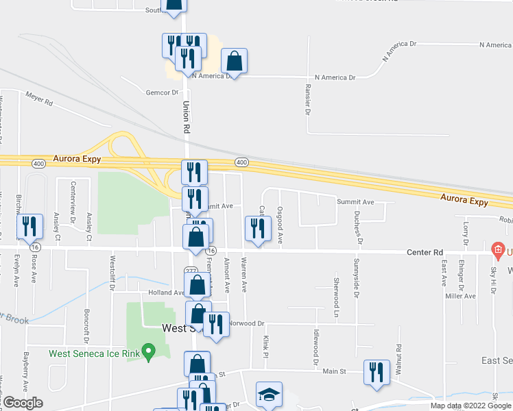 map of restaurants, bars, coffee shops, grocery stores, and more near 38 Cathedral Drive in Buffalo