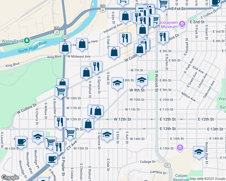 map of restaurants, bars, coffee shops, grocery stores, and more near 930 South Elm Street in Casper