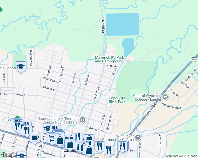 map of restaurants, bars, coffee shops, grocery stores, and more near 965 North 2nd Street in Lander