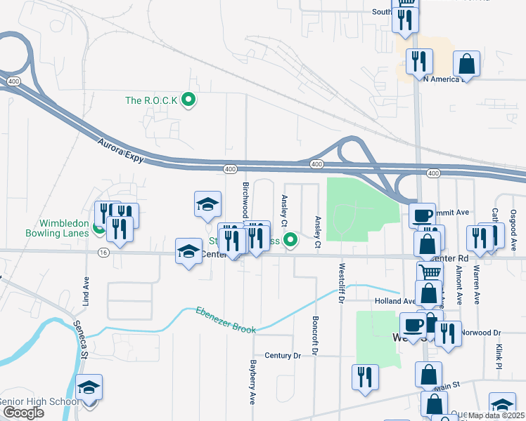 map of restaurants, bars, coffee shops, grocery stores, and more near 506-560 Birchwood Square in Buffalo