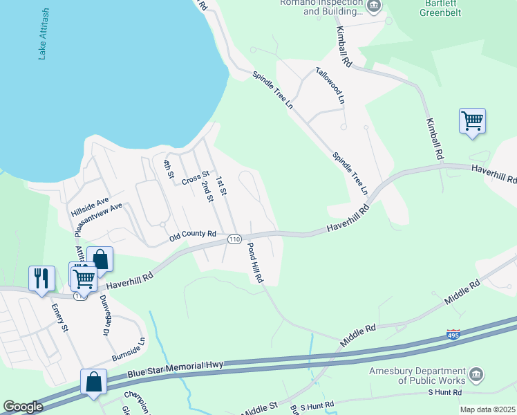 map of restaurants, bars, coffee shops, grocery stores, and more near 6 Olde Taverne Lane in Amesbury
