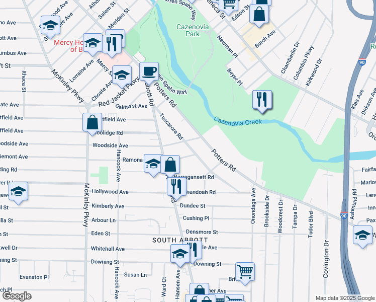 map of restaurants, bars, coffee shops, grocery stores, and more near 40 Minnetonka Road in Buffalo