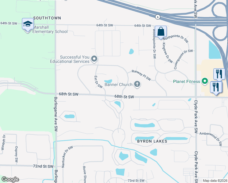 map of restaurants, bars, coffee shops, grocery stores, and more near 6756 Airfield Court Southwest in Byron Center
