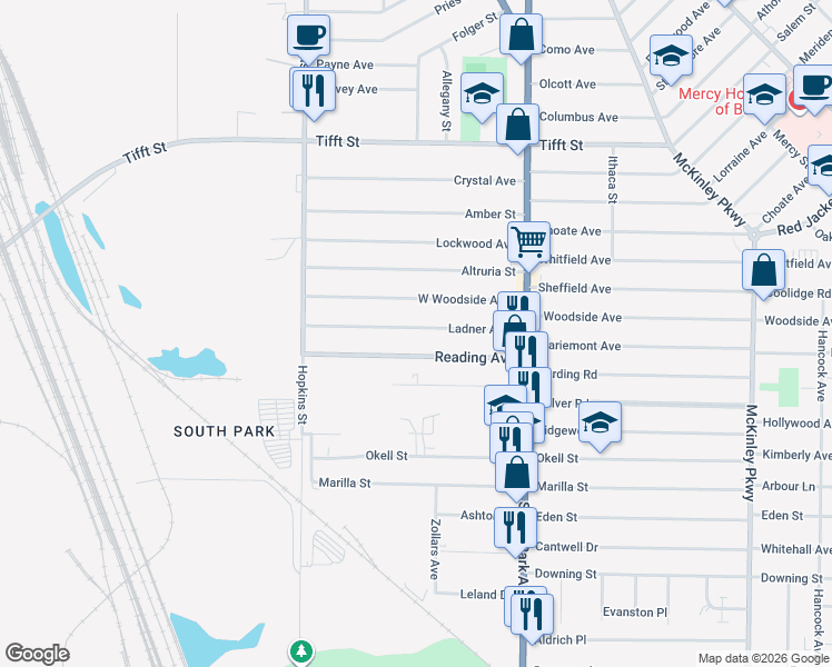 map of restaurants, bars, coffee shops, grocery stores, and more near 115 Ladner Avenue in Buffalo