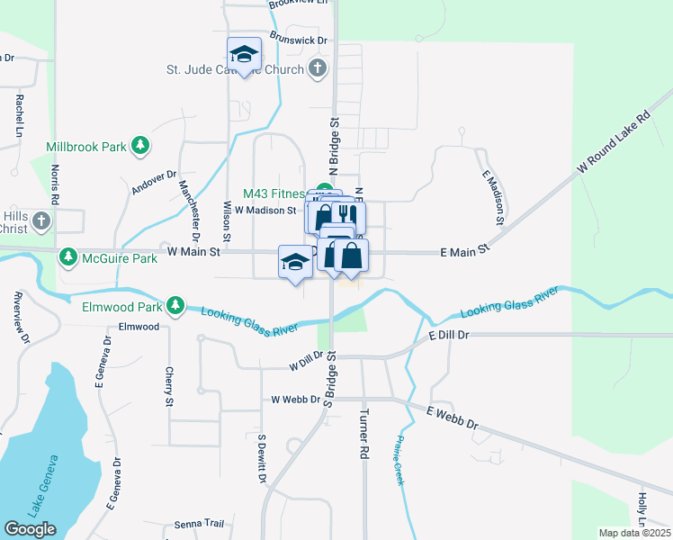 map of restaurants, bars, coffee shops, grocery stores, and more near 129 South Bridge Street in DeWitt