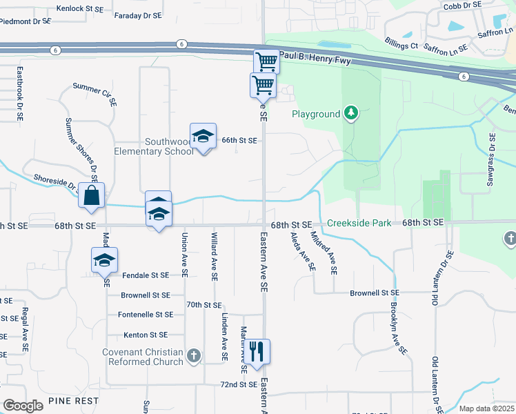 map of restaurants, bars, coffee shops, grocery stores, and more near 6763 Eastern Avenue Southeast in Grand Rapids