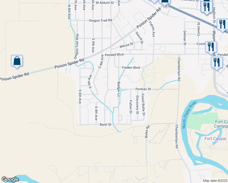 map of restaurants, bars, coffee shops, grocery stores, and more near 678 Badger Lane in Mills