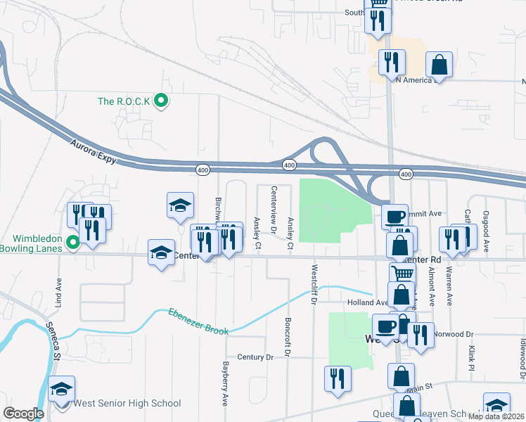 map of restaurants, bars, coffee shops, grocery stores, and more near 61 Ansley Court in Buffalo