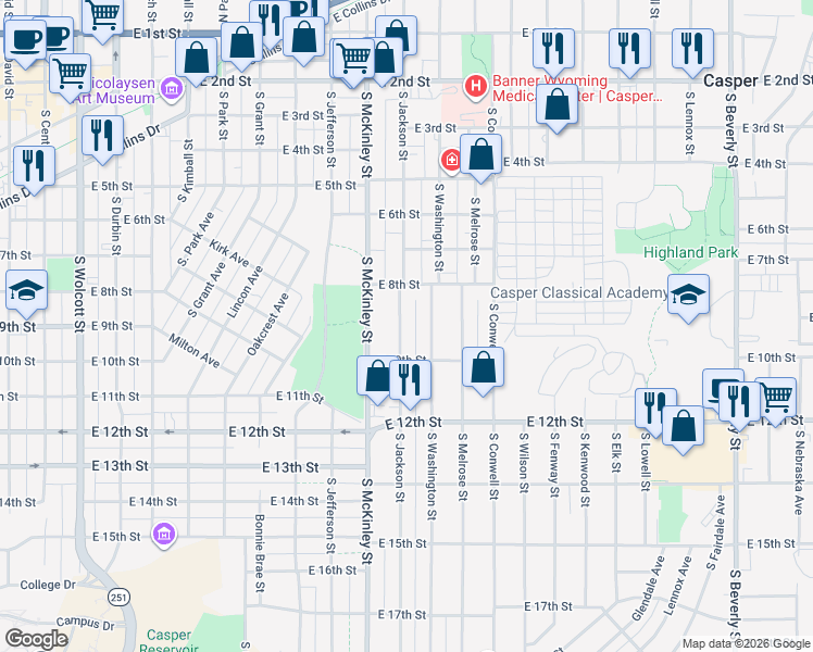 map of restaurants, bars, coffee shops, grocery stores, and more near 903 South Jackson Street in Casper