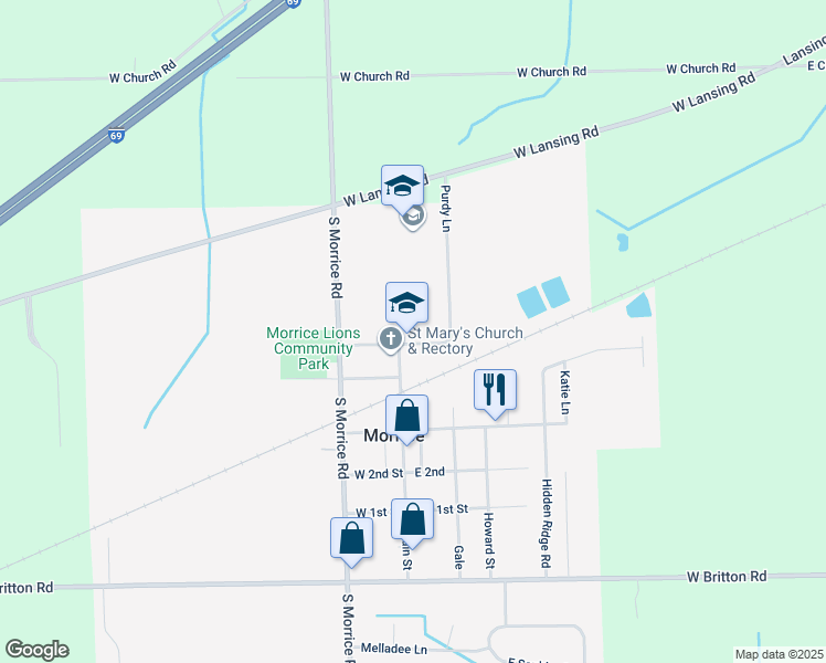 map of restaurants, bars, coffee shops, grocery stores, and more near 111 Mason Street in Morrice