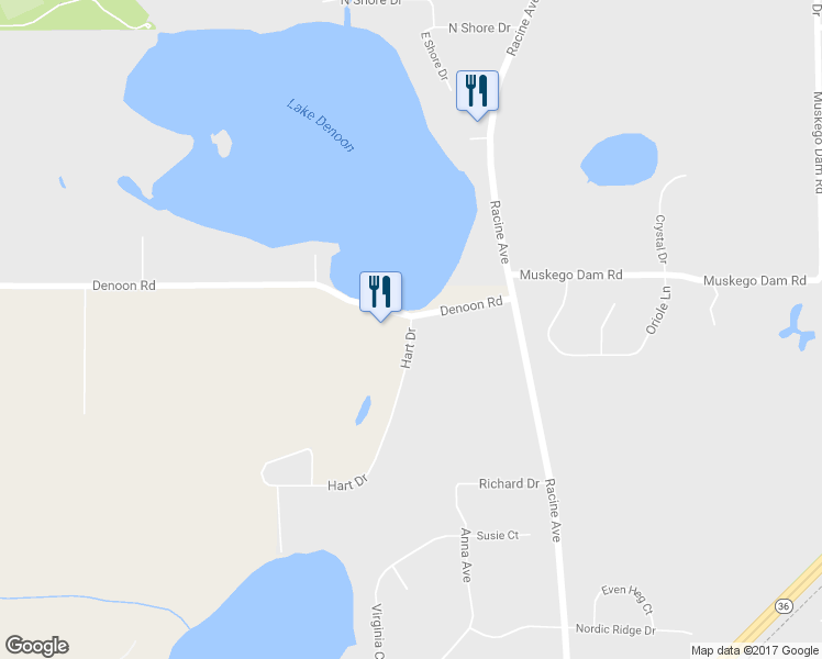 map of restaurants, bars, coffee shops, grocery stores, and more near 27001 Hart Drive in Wind Lake