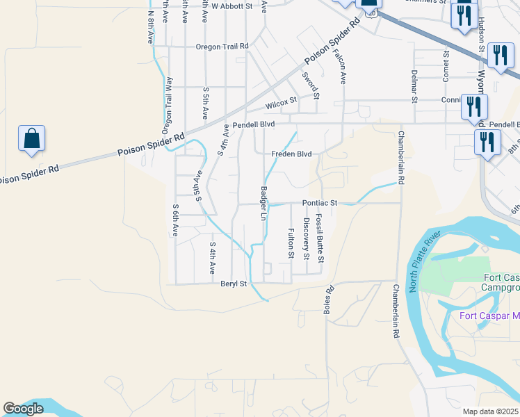 map of restaurants, bars, coffee shops, grocery stores, and more near 678 Badger Lane in Mills