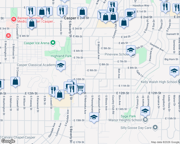 map of restaurants, bars, coffee shops, grocery stores, and more near 2435 East 9th Street in Casper