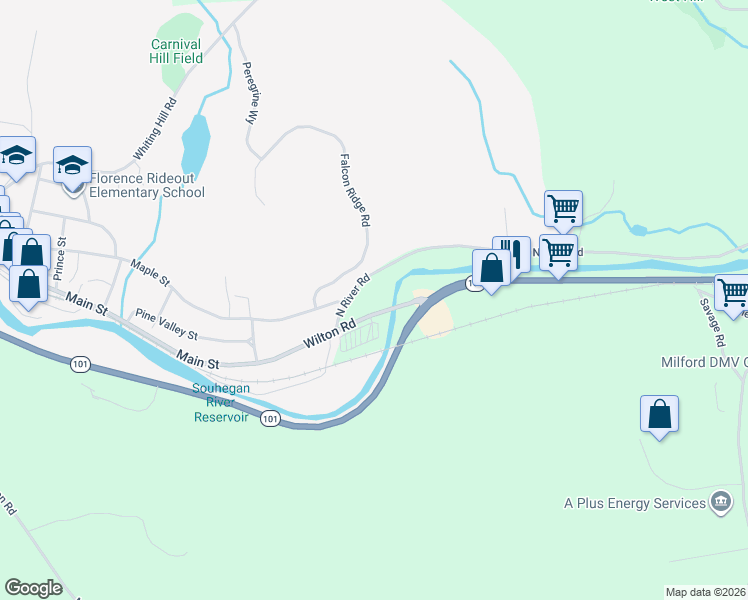 map of restaurants, bars, coffee shops, grocery stores, and more near 37 Wilton Road in Milford