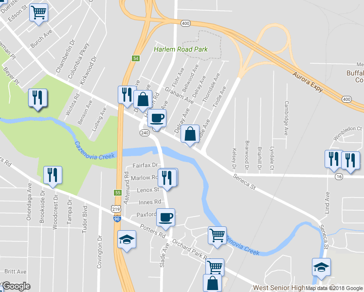 map of restaurants, bars, coffee shops, grocery stores, and more near 2849 Seneca Street in Buffalo