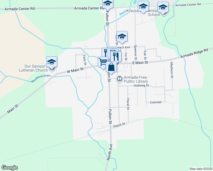 map of restaurants, bars, coffee shops, grocery stores, and more near 73875 Fulton Street in Armada