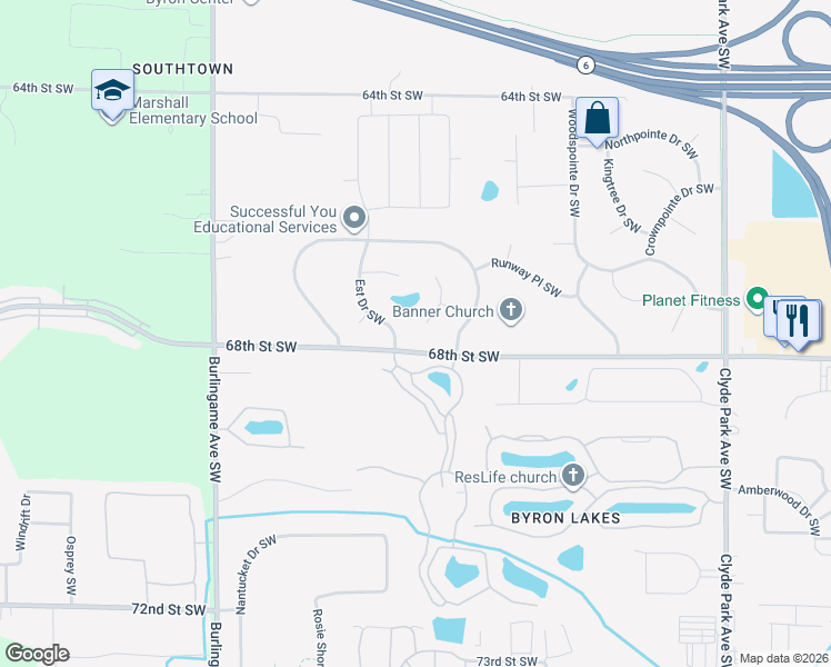 map of restaurants, bars, coffee shops, grocery stores, and more near 6756 Airfield Court Southwest in Byron Center