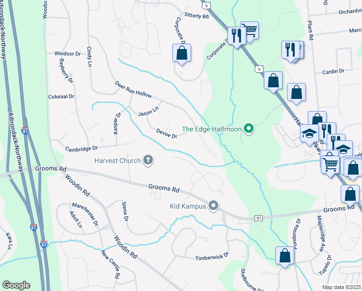 map of restaurants, bars, coffee shops, grocery stores, and more near 8 Devoe Drive in Saratoga County