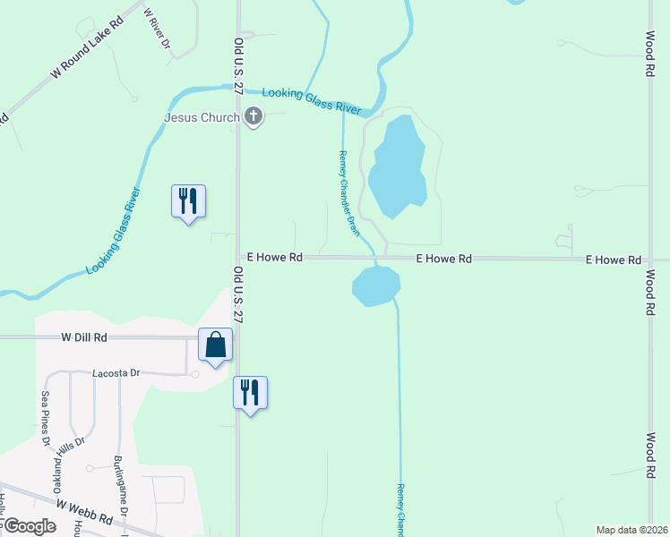 map of restaurants, bars, coffee shops, grocery stores, and more near 1346 East Howe Road in DeWitt