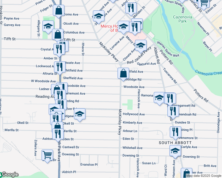 map of restaurants, bars, coffee shops, grocery stores, and more near 204 Mariemont Avenue in Buffalo