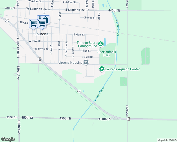 map of restaurants, bars, coffee shops, grocery stores, and more near 443-499 Sadie Street in Laurens