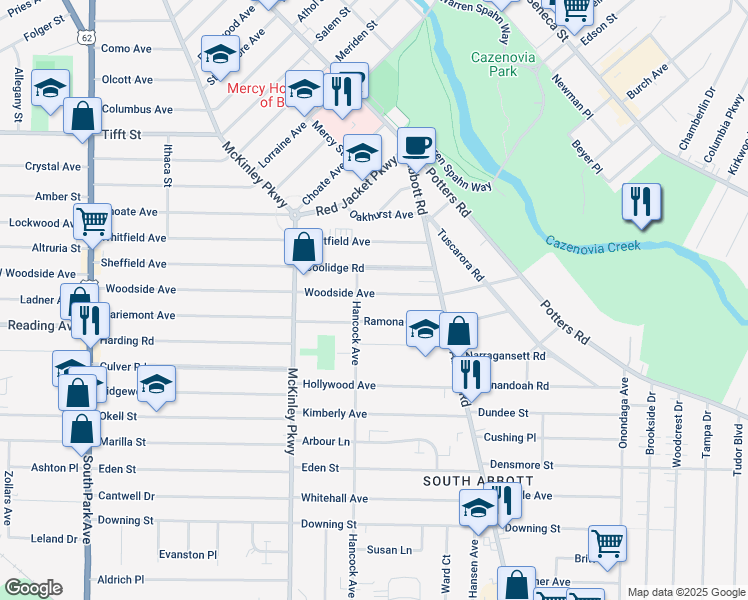 map of restaurants, bars, coffee shops, grocery stores, and more near 323 Woodside Avenue in Buffalo