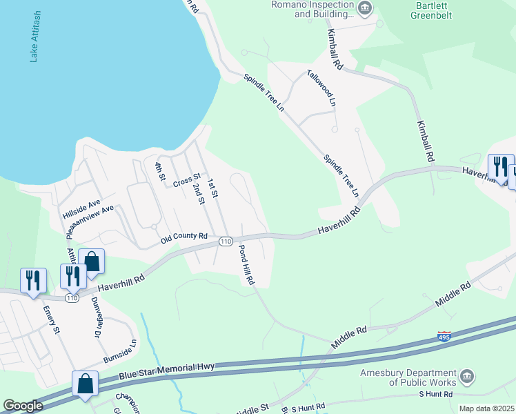 map of restaurants, bars, coffee shops, grocery stores, and more near 6 Olde Taverne Lane in Amesbury