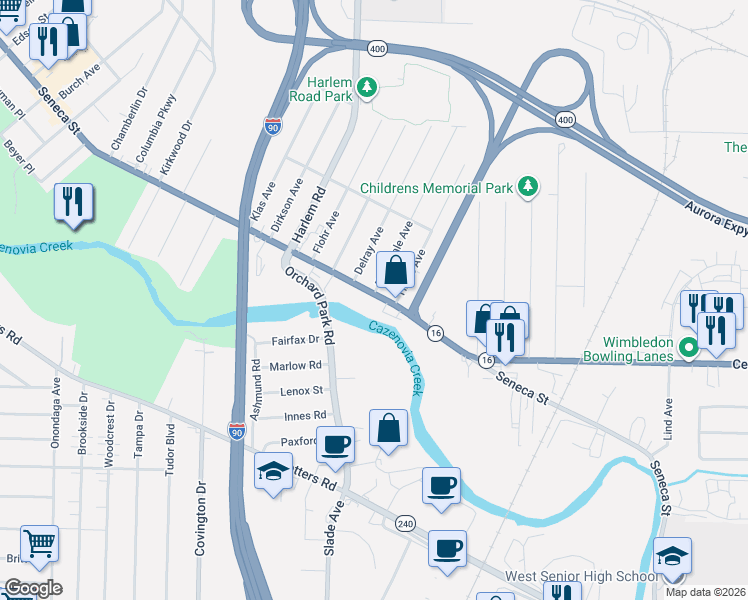 map of restaurants, bars, coffee shops, grocery stores, and more near 2851 Seneca Street in West Seneca