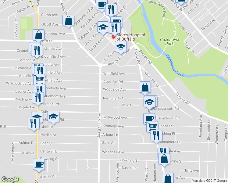 map of restaurants, bars, coffee shops, grocery stores, and more near 287 Woodside Avenue in Buffalo