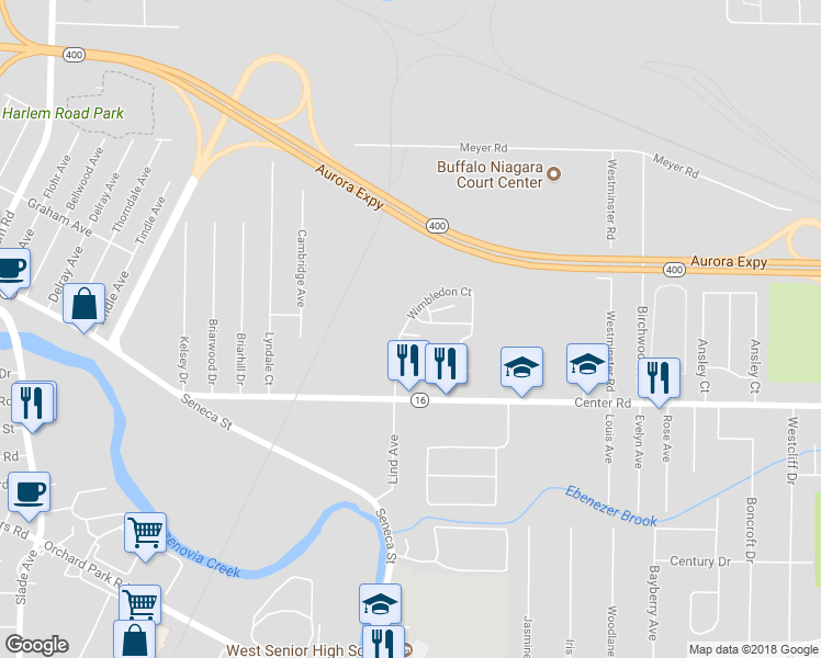 map of restaurants, bars, coffee shops, grocery stores, and more near 228 Wimbledon Court in Buffalo