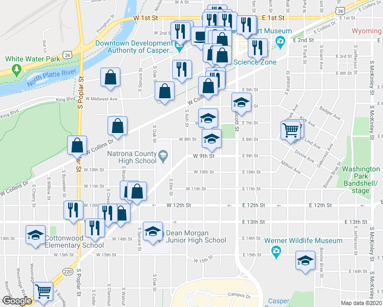 map of restaurants, bars, coffee shops, grocery stores, and more near 240 West 9th Street in Casper