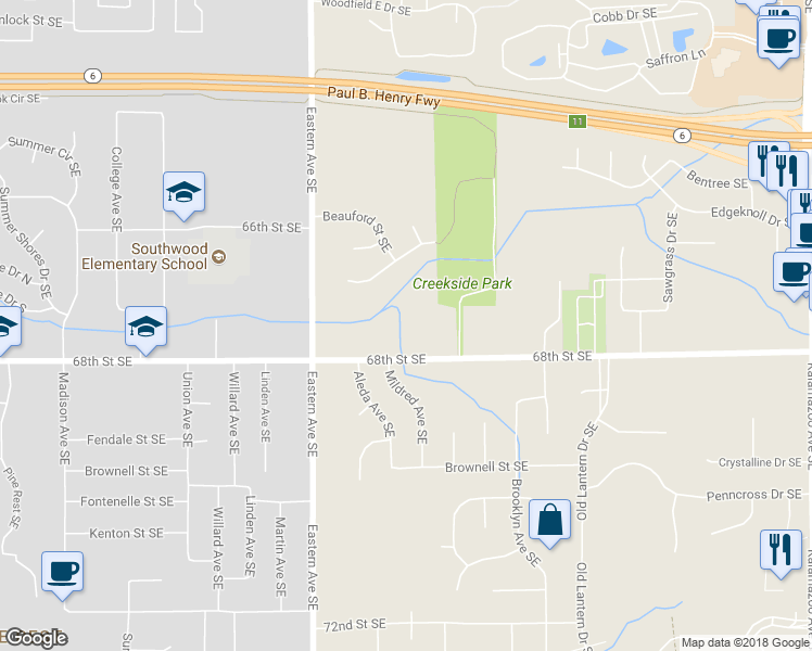 map of restaurants, bars, coffee shops, grocery stores, and more near 945 68th Street Southeast in Grand Rapids