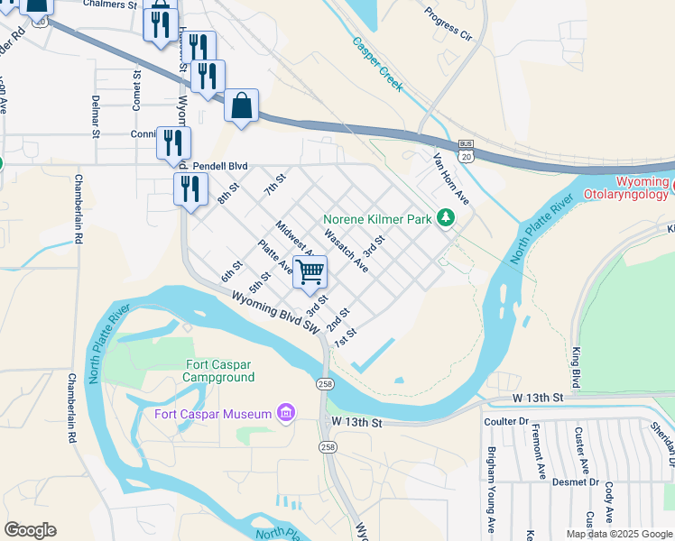 map of restaurants, bars, coffee shops, grocery stores, and more near 314 Midwest Avenue in Casper