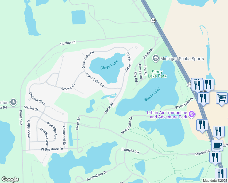 map of restaurants, bars, coffee shops, grocery stores, and more near 1080 Cedar Street in Oakland County