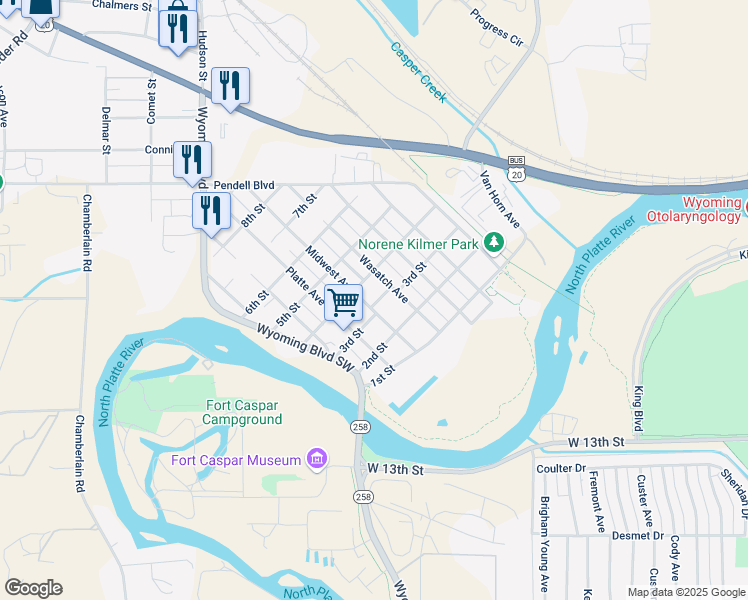 map of restaurants, bars, coffee shops, grocery stores, and more near 314 Midwest Avenue in Casper