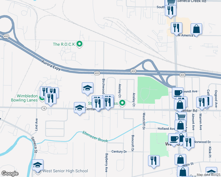 map of restaurants, bars, coffee shops, grocery stores, and more near 506-560 Birchwood Square in Buffalo