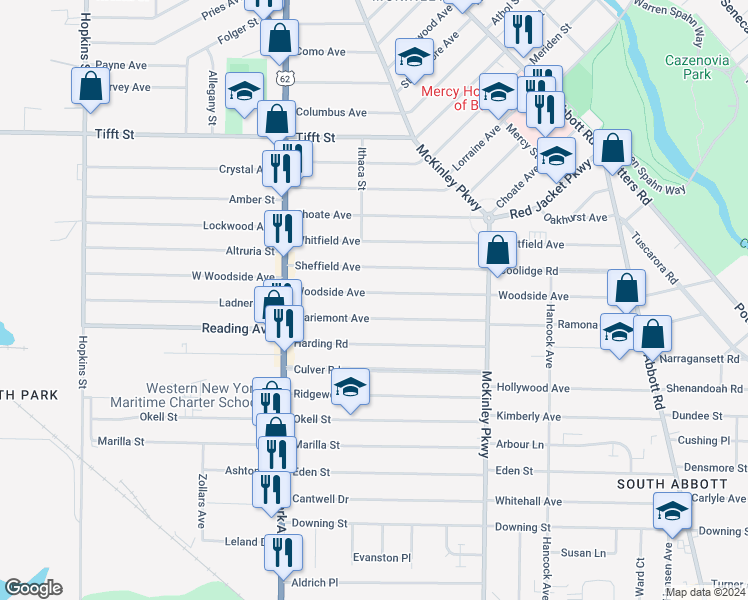 map of restaurants, bars, coffee shops, grocery stores, and more near 84 Mariemont Avenue in Buffalo