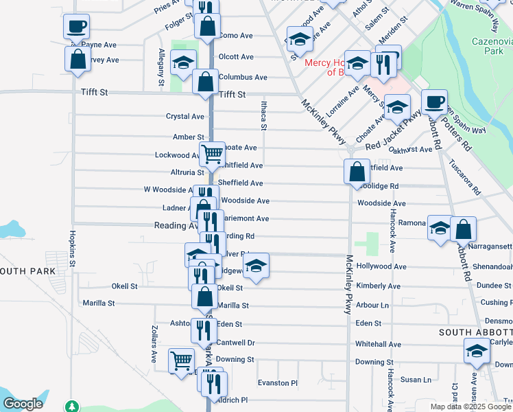 map of restaurants, bars, coffee shops, grocery stores, and more near 84 Mariemont Avenue in Buffalo