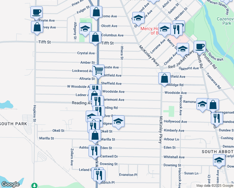 map of restaurants, bars, coffee shops, grocery stores, and more near 84 Mariemont Avenue in Buffalo