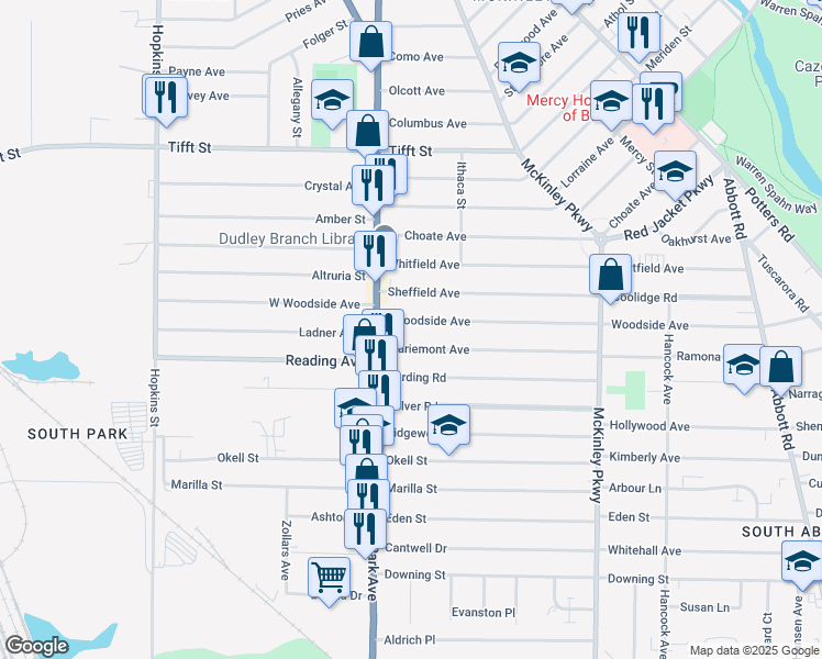 map of restaurants, bars, coffee shops, grocery stores, and more near 44 Mariemont Avenue in Buffalo