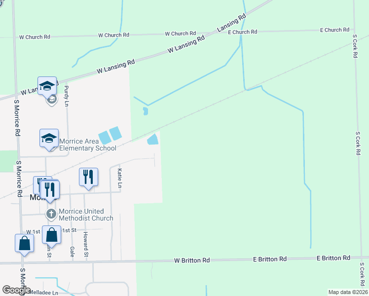 map of restaurants, bars, coffee shops, grocery stores, and more near 544 East Pond View Drive in Morrice