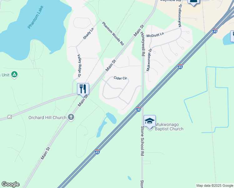map of restaurants, bars, coffee shops, grocery stores, and more near 1446 Applewood Circle in Mukwonago